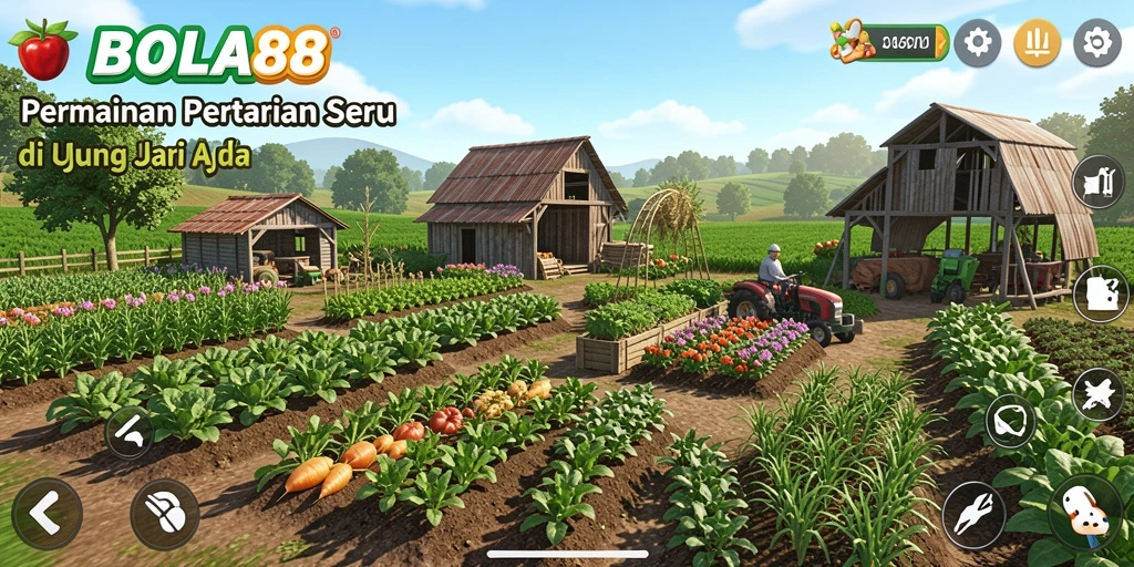 Gameplay BOLA88 yang menampilkan ladang pertanian yang subur dan aktif.