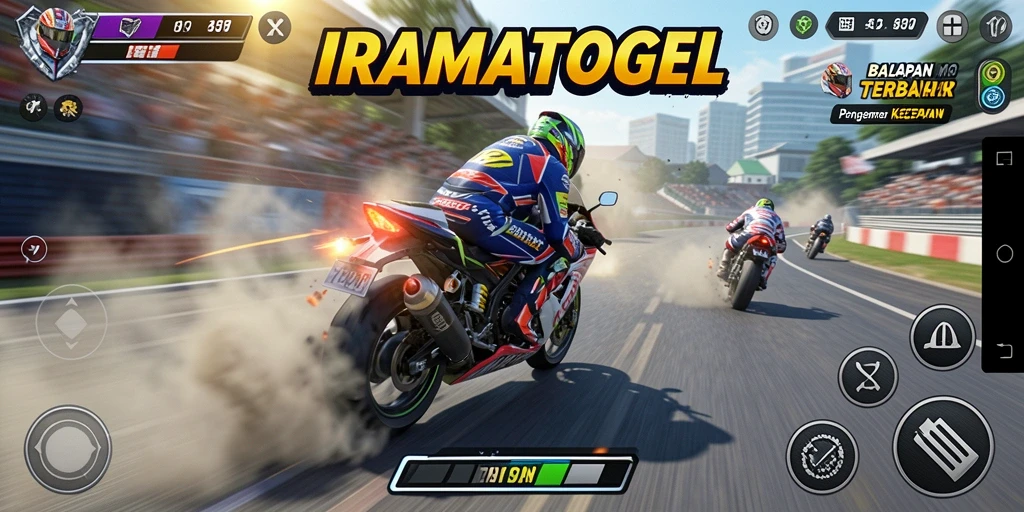 Tampilan gameplay IRAMATOGEL dengan balapan motor yang mendebarkan.