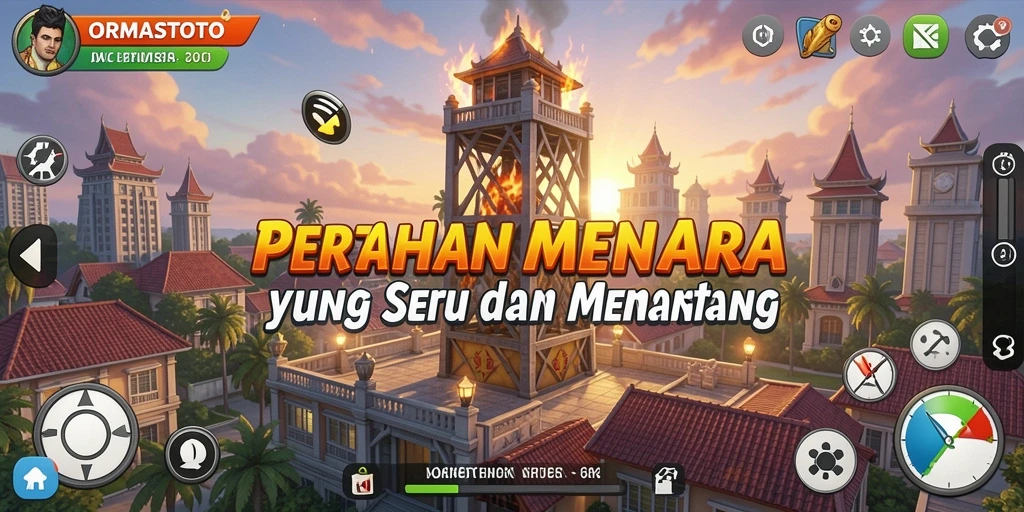 Tampilan gameplay ORMASTOTO dengan strategi Tower Defense yang menampilkan menara dan musuh.