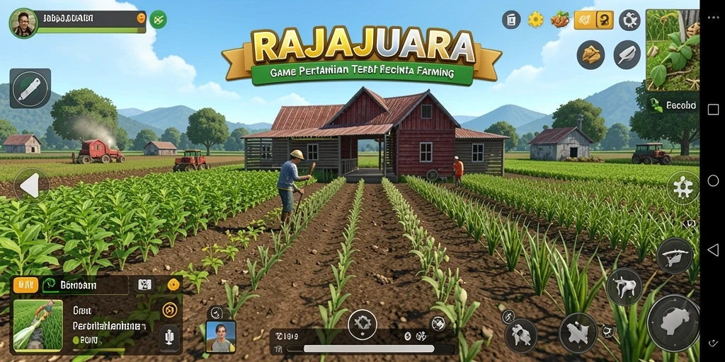 Tampilan gameplay menarik dari RAJAJUARA dengan aktivitas bertani yang seru.