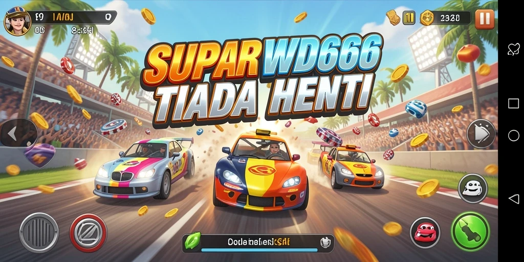 Tangkapan layar gameplay <strong>SUPERWD666</strong> menampilkan balapan yang mendebarkan dan kendaraan yang menarik.